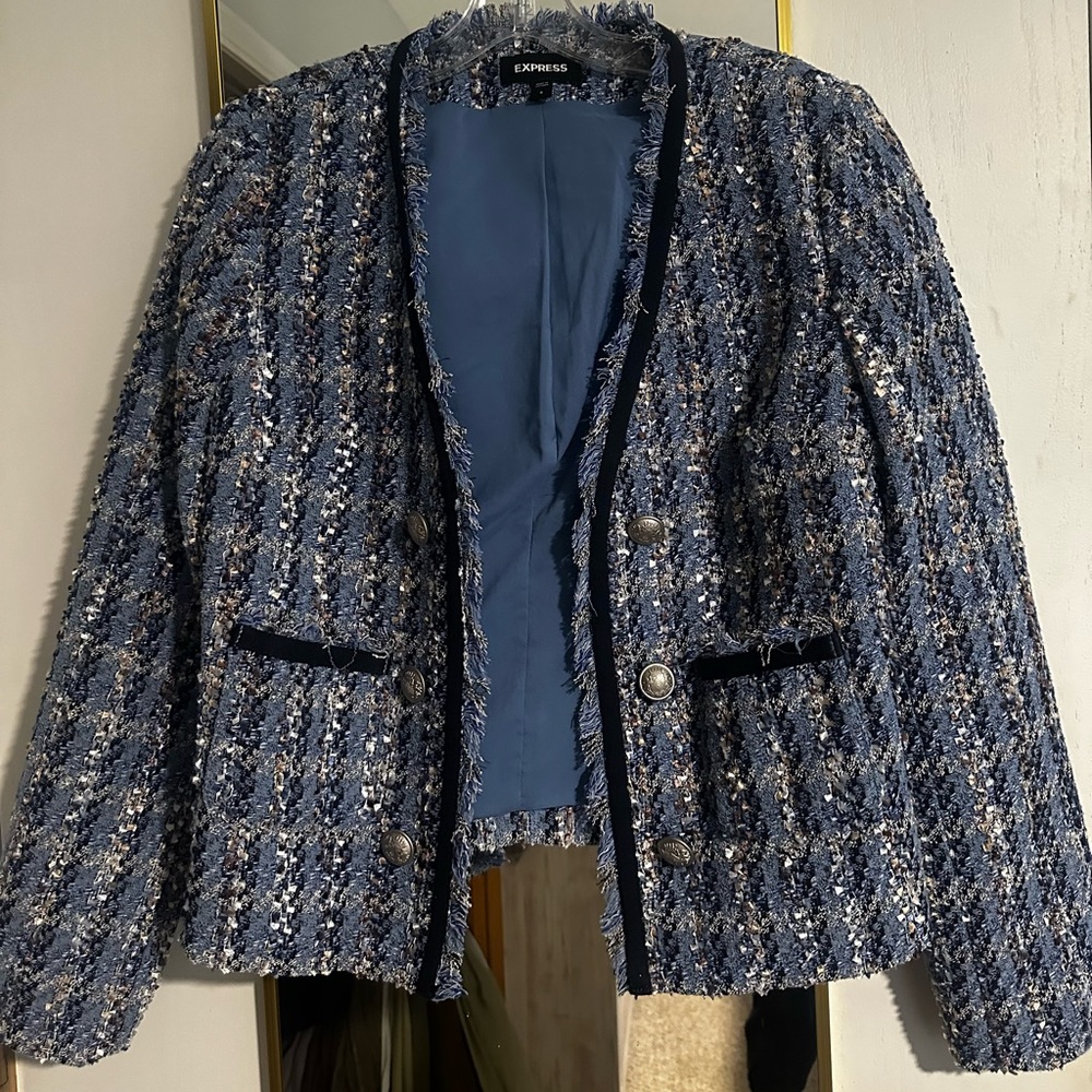 Express Blue Tweed Frayed-Trim Blazer